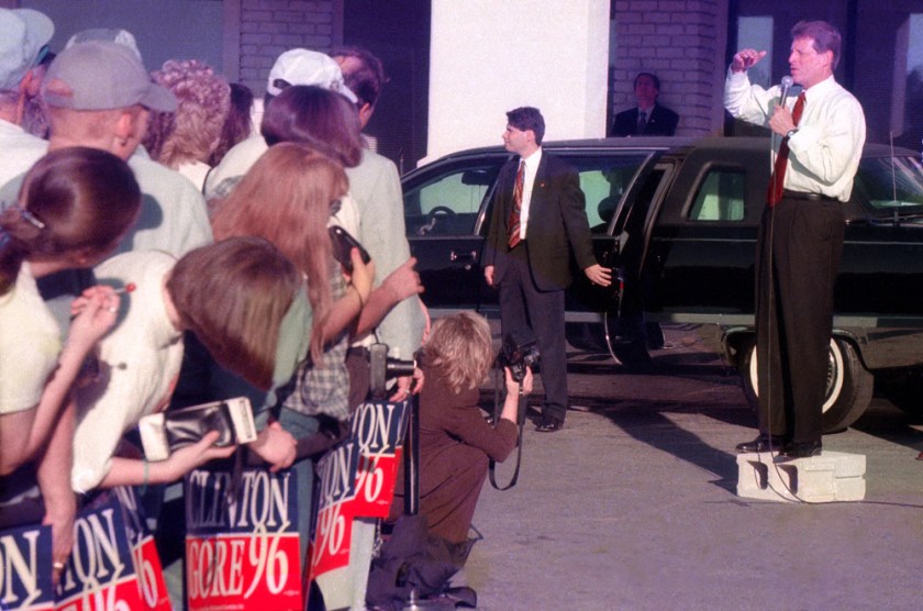 Al Gore gives a stump speech from a concrete block