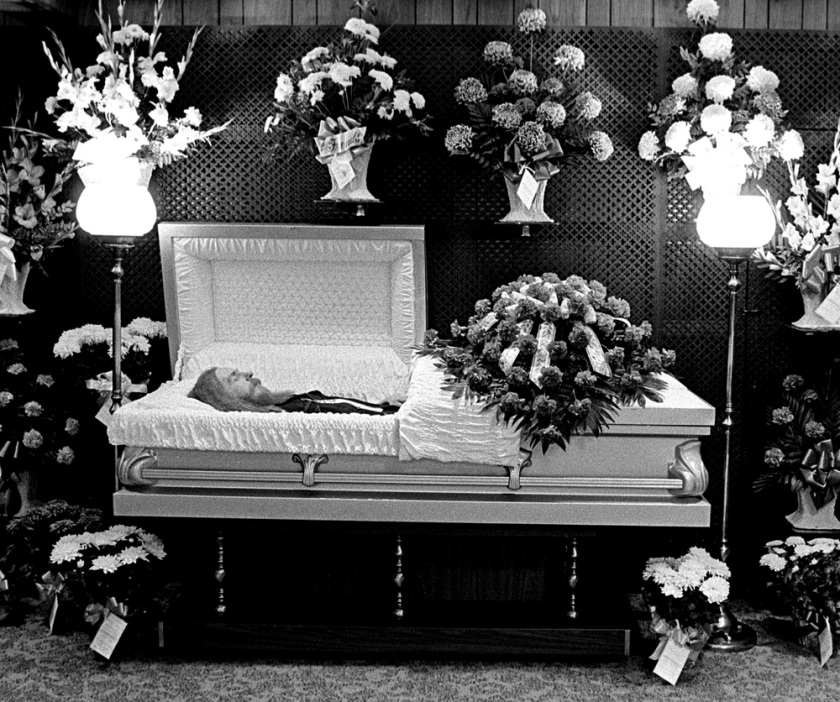 Motorcycle gang member "Booger Red" at the funeral home the night before the biker's funeral.